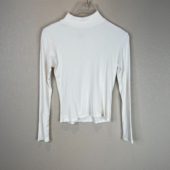 Laia Womens Crop Top Tee White Ribbed Knit Mock Neck Long Sleeve Fitted Preppy - Picture 1 of 9